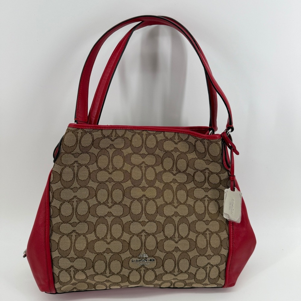 Coach Edie 31 F36466 Signature Khaki Red Jacquard Leather Shoulder Bag